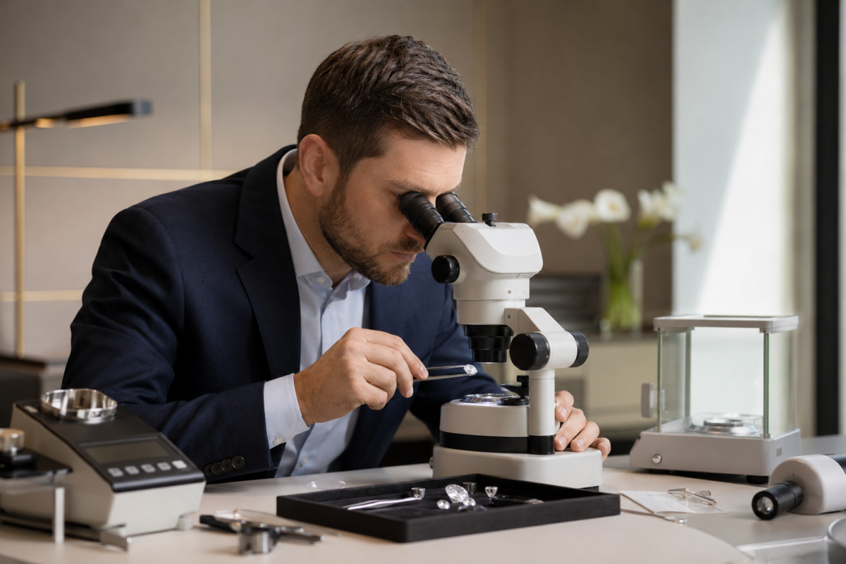Gemologist examining a laboratory-grown diamond with professional equipment