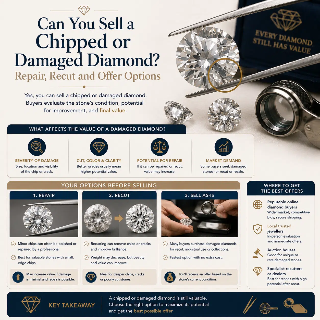 È possibile vendere un diamante scheggiato o danneggiato? Opzioni di riparazione, ricolatura e vendita