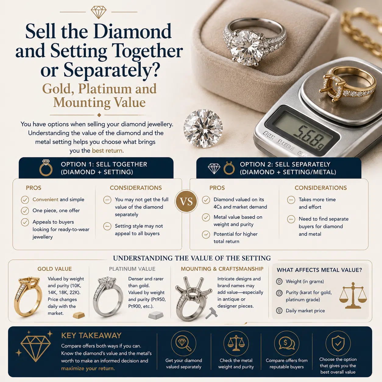 Vendere il diamante e la montatura insieme o separatamente? Valore dell’oro, del platino e della montatura